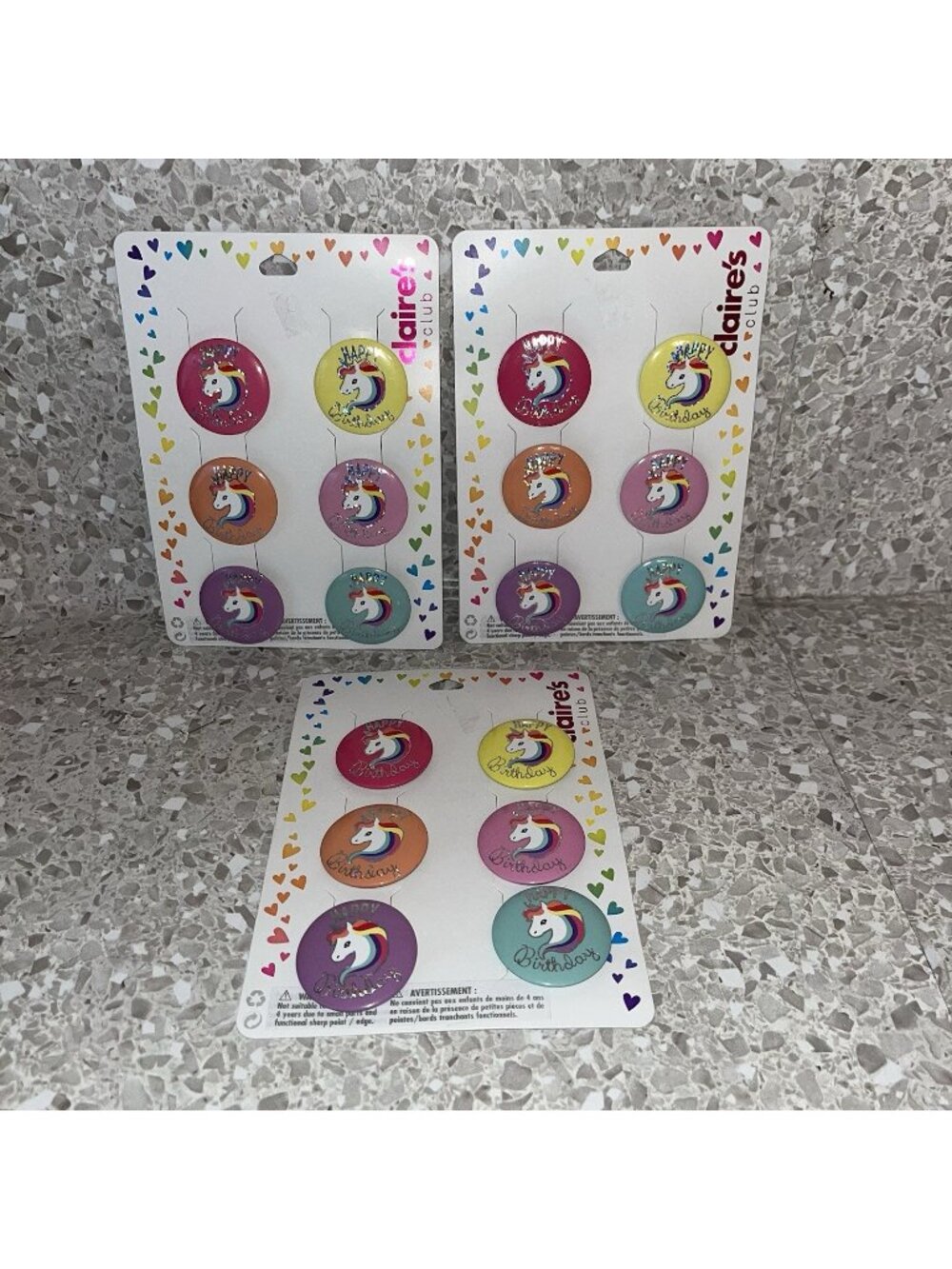 Claires Club Happy Birthday Unicorn Party Favor Button Pins 3 Packs of 6 NEW
